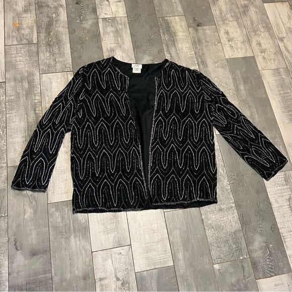 Vintage Black Silk Beaded sequin Special Evening Holiday Relaxed Fit jacket 2X - Picture 3 of 10